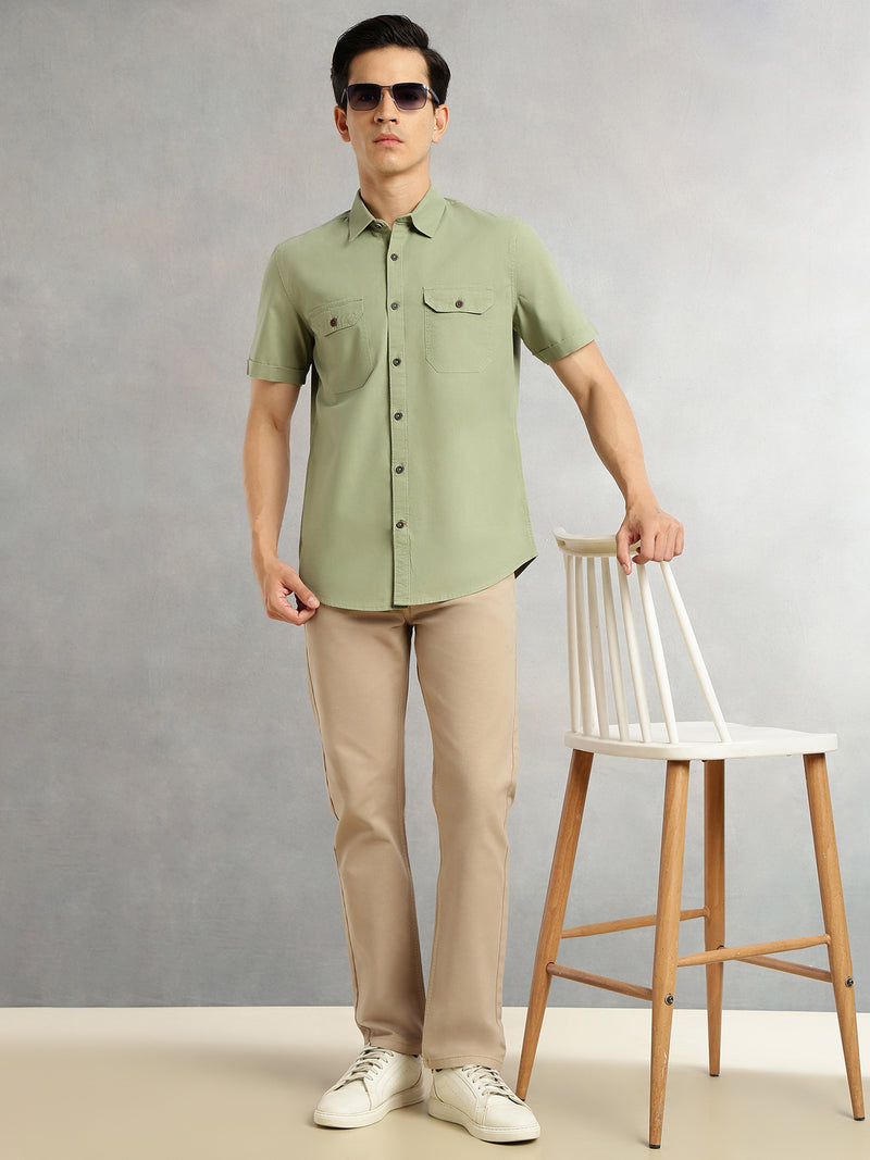 Thomas Scott Men Light Olive Men Cricket Club Collection Premium Slim Fit Casual Shirt-Dual Flap Pockets With Short Sleeves