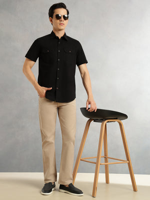 Thomas Scott Men Black Men Cricket Club Collection Premium Slim Fit Casual Shirt-Dual Flap Pockets With Short Sleeves