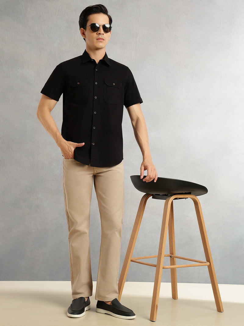 Thomas Scott Men Black Men Cricket Club Collection Premium Slim Fit Casual Shirt-Dual Flap Pockets With Short Sleeves