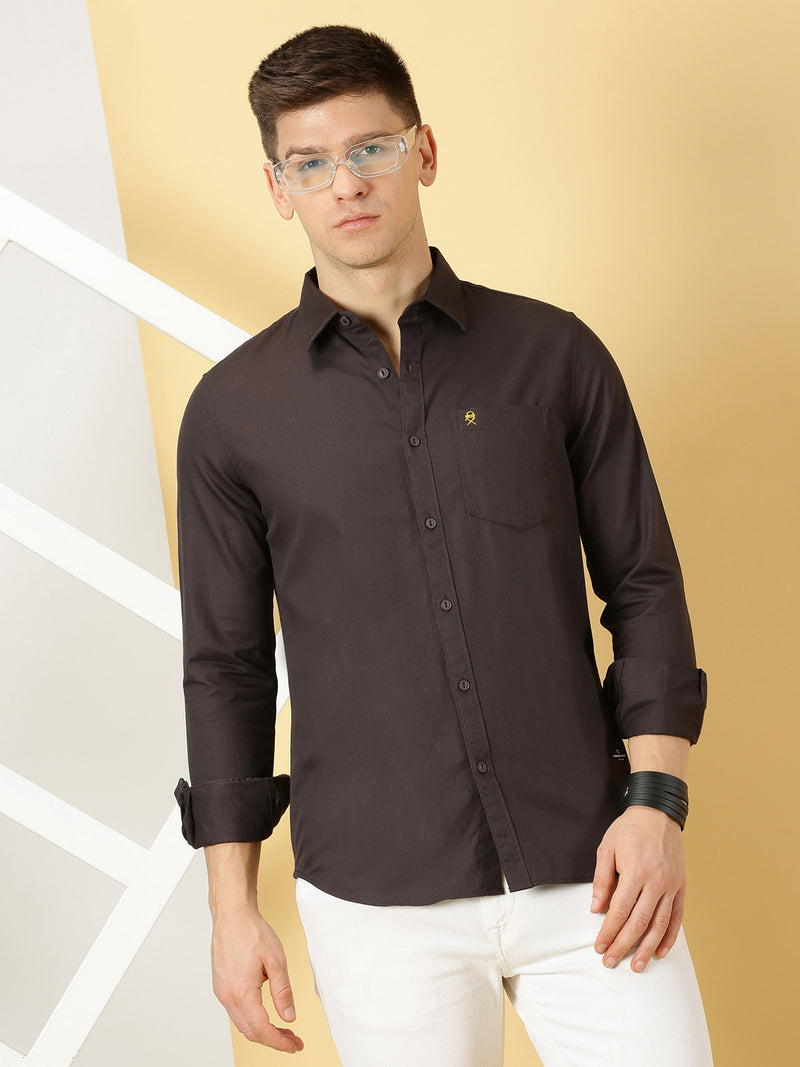 Thomas Scott Men Dark Grey Standard Slim Fit Spread Collar Long Sleeves 100% Cotton Casual Shirt