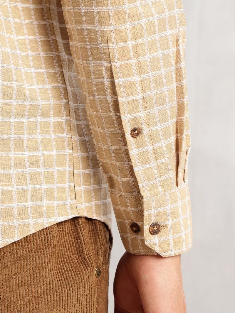 Thomas Scott Men Beige Regular Fit Long Sleeves Spread Collar Windowpane Check 100% Cotton Casual Shirt