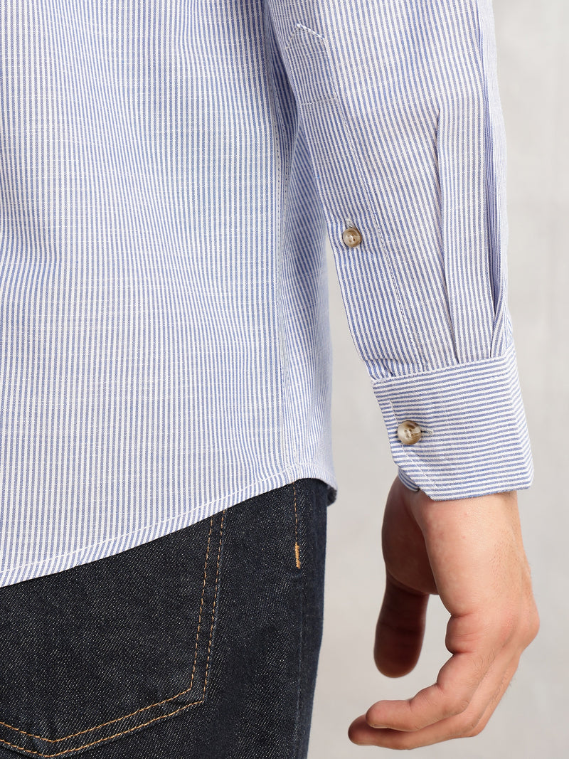 Thomas Scott Men Blue Cricket Club Collection Pinstripe Long Sleeves Regular Fit Cotton Linen Casual Shirt
