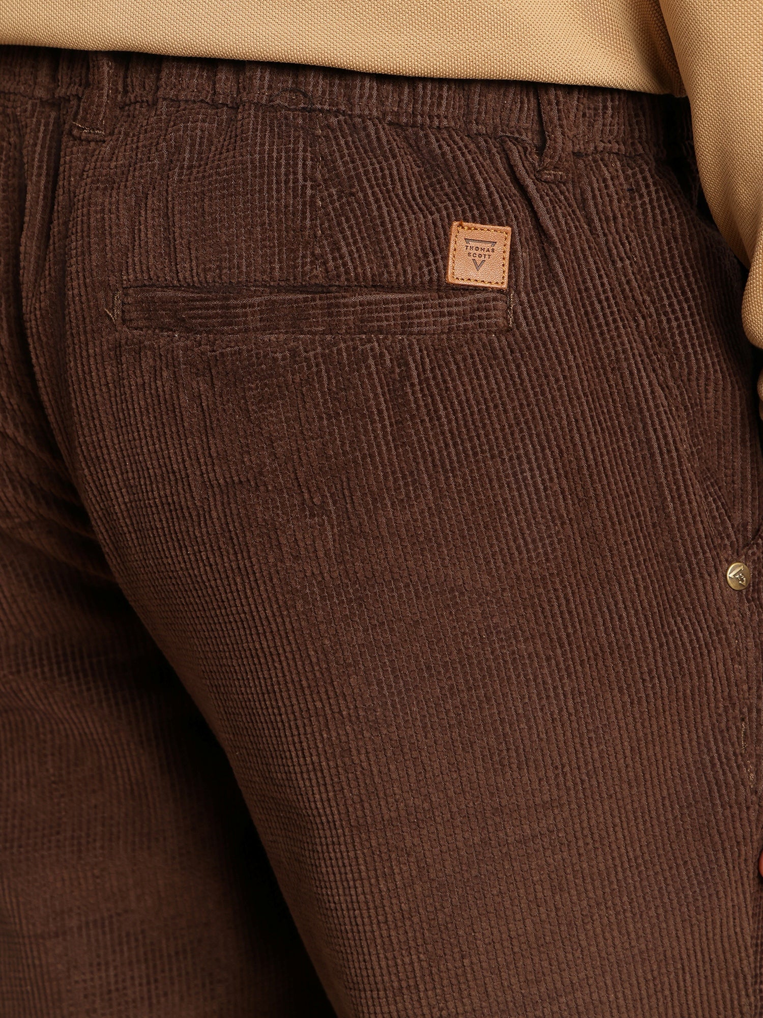 Thomas Scott Men Brown Regular Fit Mid-Rise Textured 4-Pockets Design Corduroy Trouser