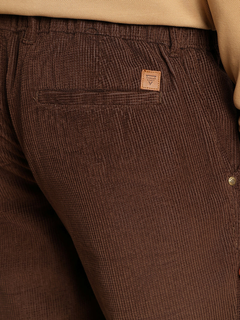 Thomas Scott Men Brown Regular Fit Mid-Rise Textured 4-Pockets Design Corduroy Trouser