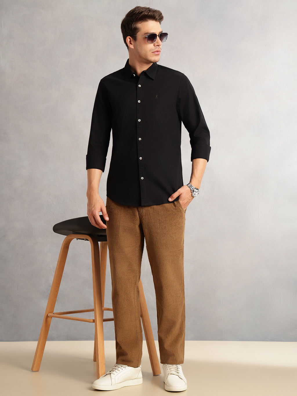 Thomas Scott Men Black Cricket Club Collection Slim Fit Oxford Cotton Casual Shirt with Spread Collar & Long Sleeves