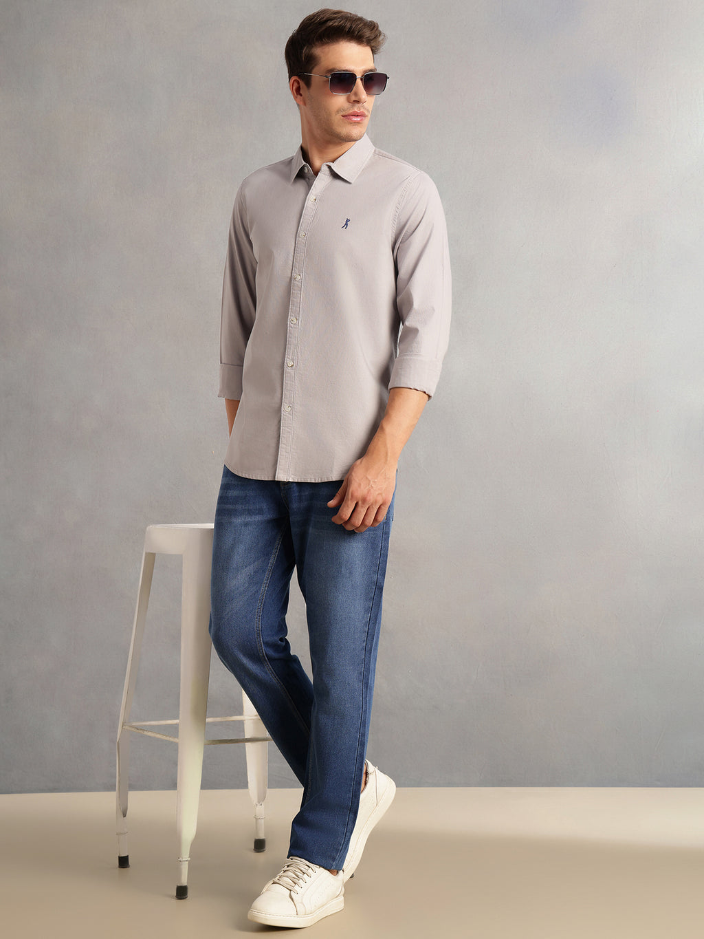 Thomas Scott Men Grey Cricket Club Collection Slim Fit Oxford Cotton Casual Shirt with Spread Collar & Long Sleeves