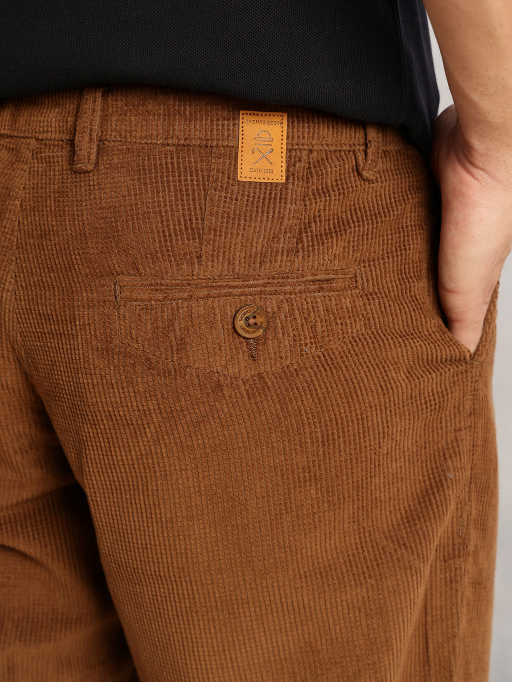 Thomas Scott Men Khaki Regular Fit Mid-Rise Textured 4 Pockets Design Corduroy Trouser