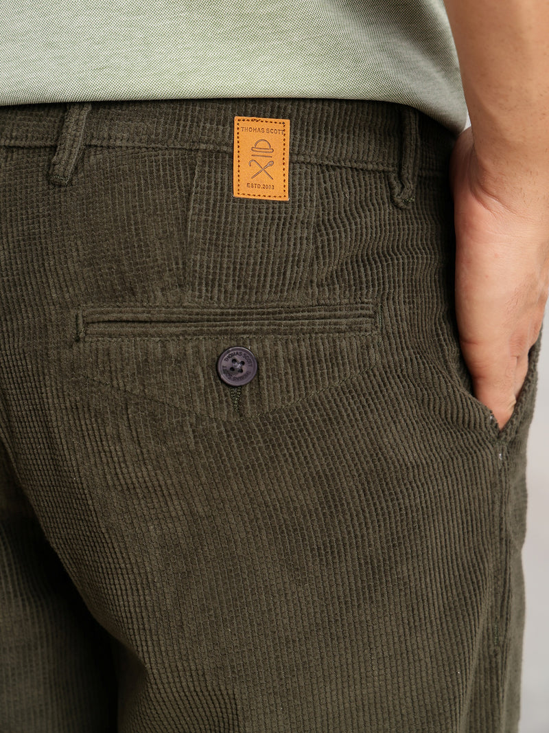 Thomas Scott Men Olive Regular Fit Mid-Rise Textured 4 Pockets Design Corduroy Trouser