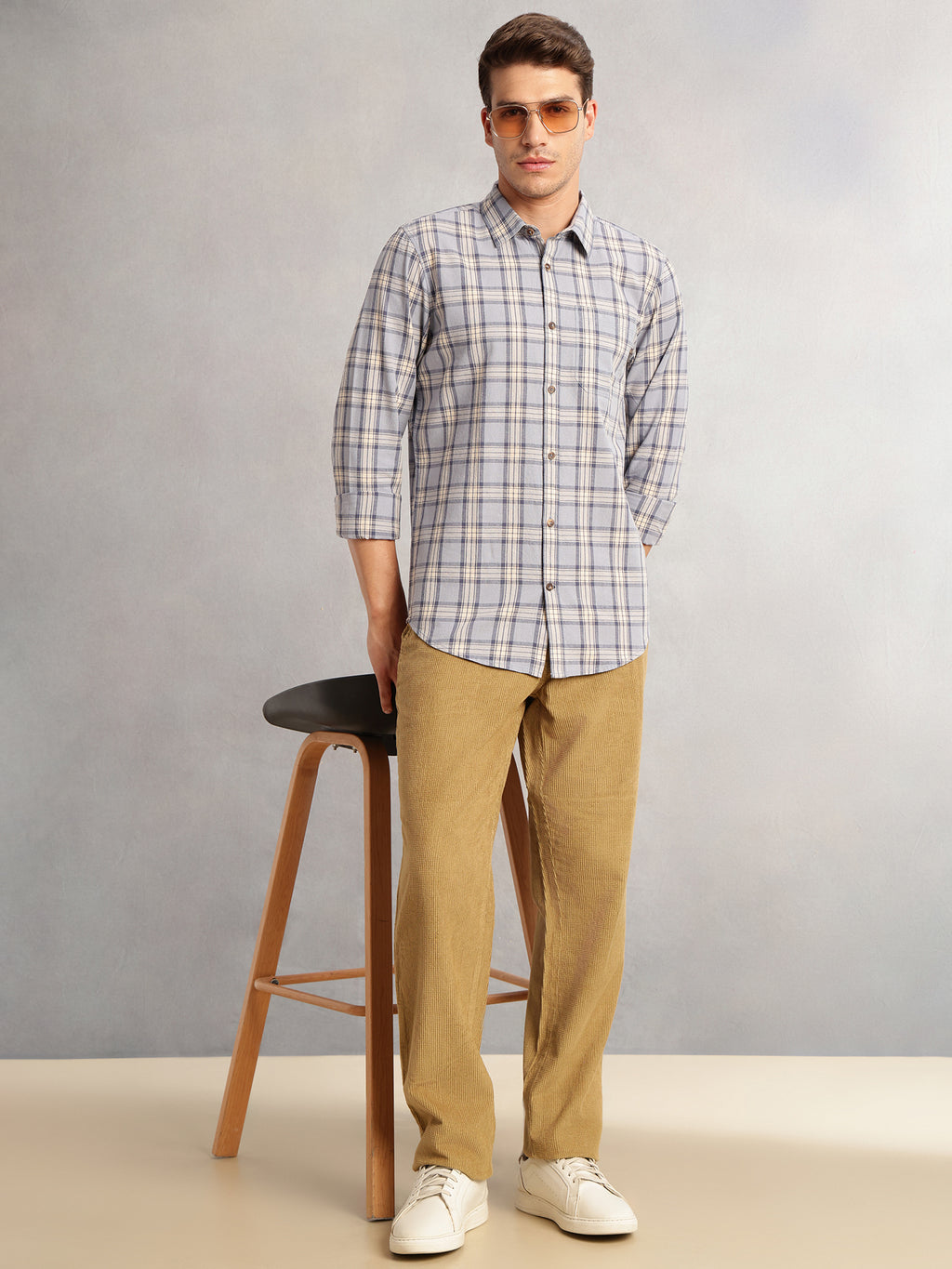 Thomas Scott Men Blue Regular Fit Long Sleeves Spread Collar Cotton Plaid Checked 100% Cotton Casual Shirt