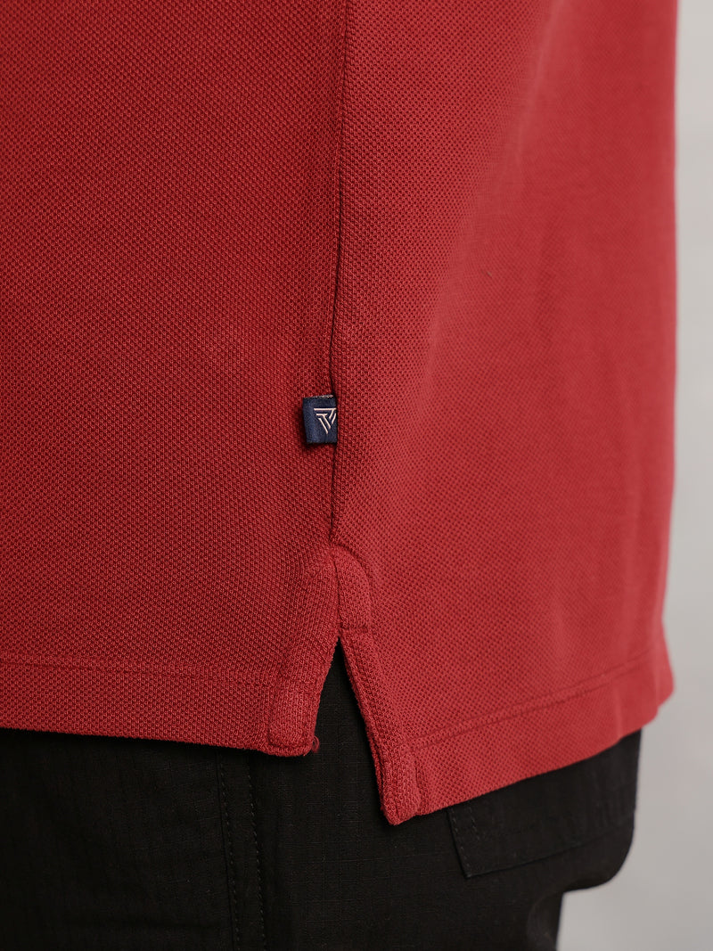 Thomas Scott Men Red Regular Fit Solid Polo Collar Long Sleeve Pure Cotton Knitted T-shirt