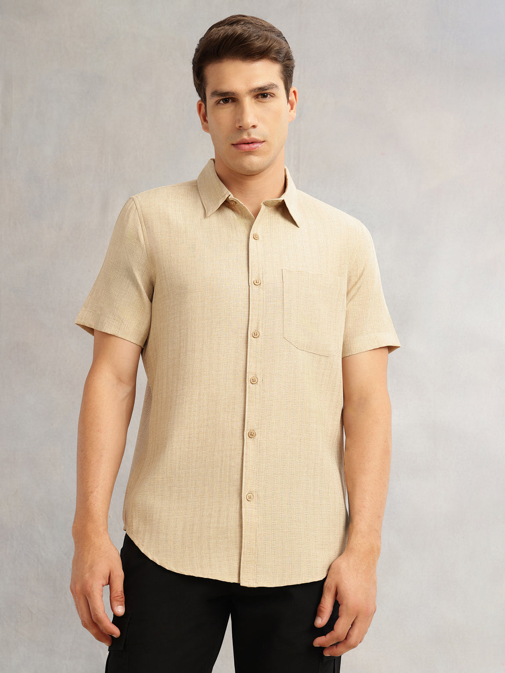Thomas Scott Men Beige Premium Regular Fit Short Sleeves Spread Collar Polyester Casual Shirt