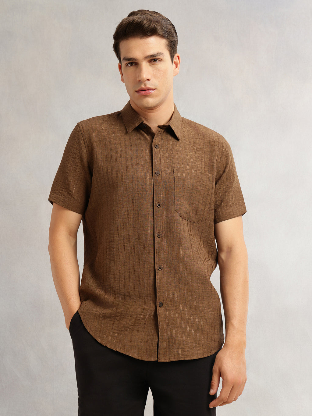 Thomas Scott Men Brown Premium Regular Fit Short Sleeves Spread Collar Polyester Casual Shirt