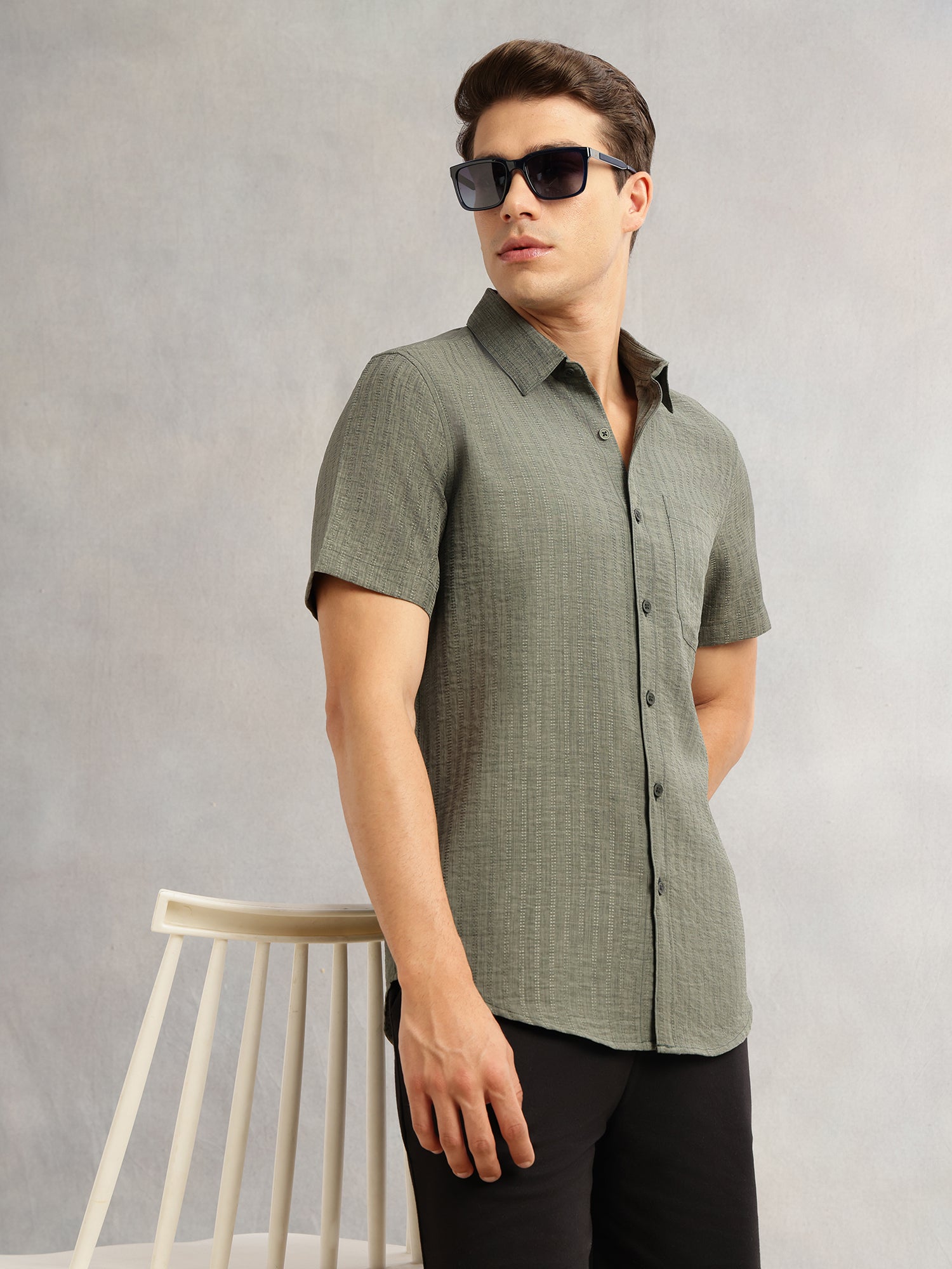 Thomas Scott Men Olive Premium Regular Fit Short Sleeves Spread Collar Polyester Casual Shirt
