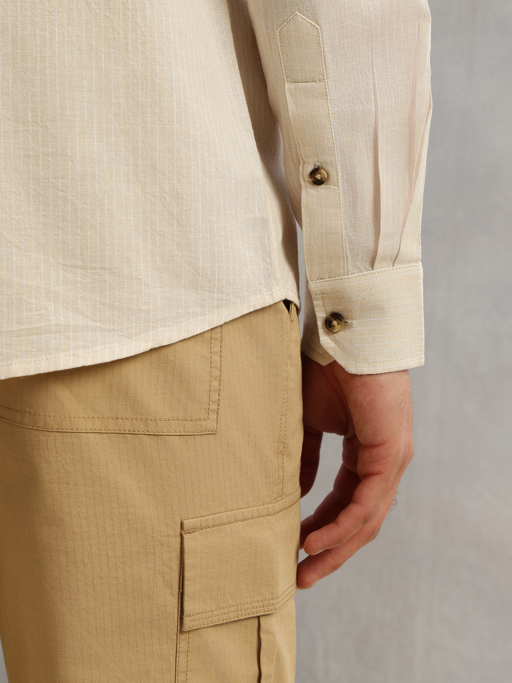 Thomas Scott Men Beige Cricket Club Collection Premium Slim Fit Long Sleeves Spread Collar Textured Cotton Linen Shirt