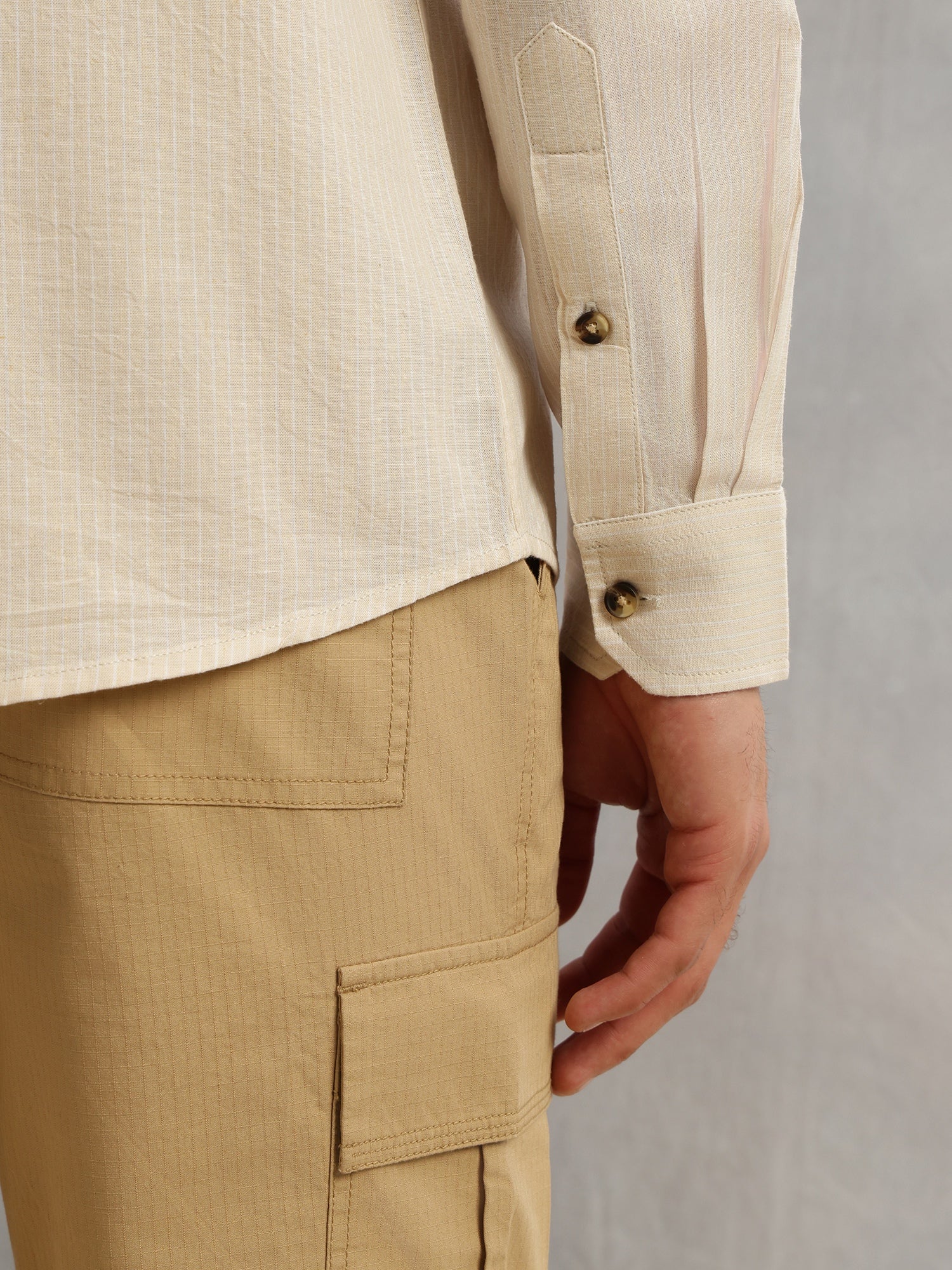 Thomas Scott Men Beige Cricket Club Collection Premium Slim Fit Long Sleeves Spread Collar Textured Cotton Linen Shirt