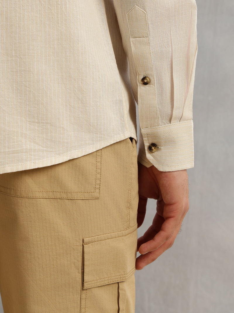 Thomas Scott Men Beige Cricket Club Collection Premium Slim Fit Long Sleeves Spread Collar Textured Cotton Linen Shirt