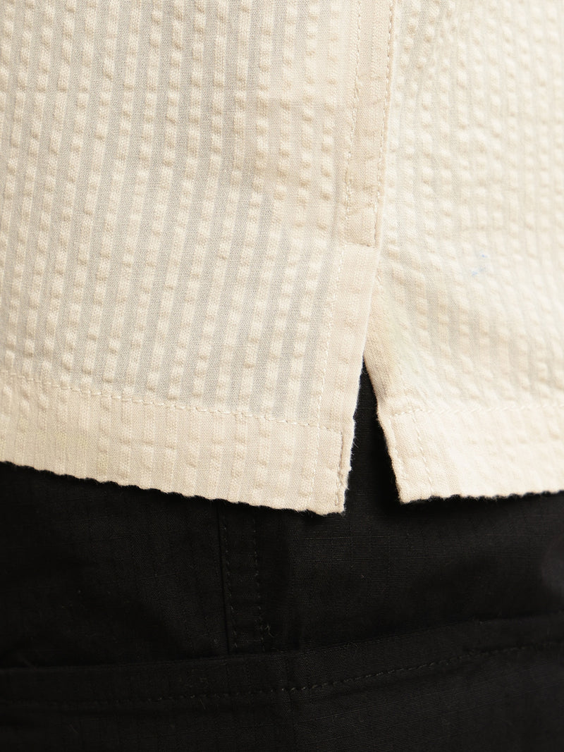 Thomas Scott Men Beige Premium Oversized Fit Short Sleeves Cuban Collar 100% Cotton Seersucker Shirt