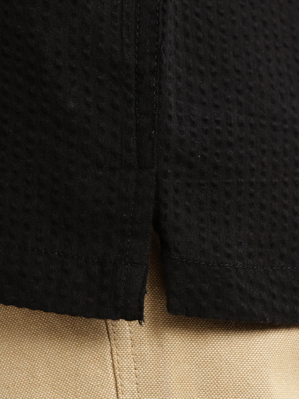 Thomas Scott Men Black Premium Oversized Fit Short Sleeves Cuban Collar 100% Cotton Seersucker Shirt
