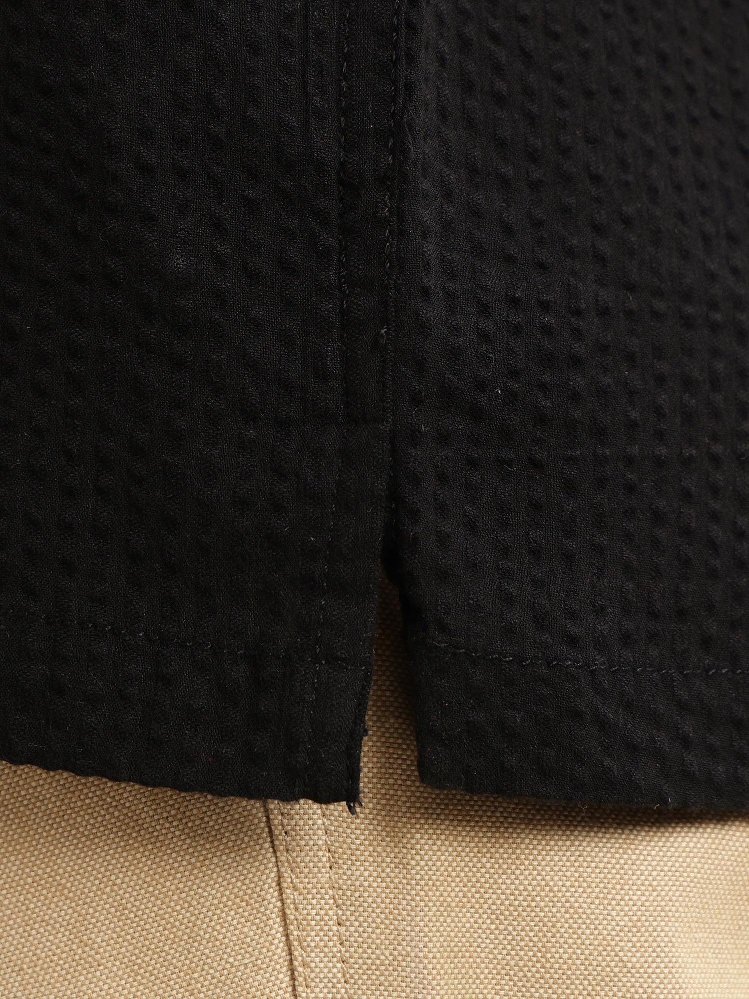 Thomas Scott Men Black Premium Oversized Fit Short Sleeves Cuban Collar 100% Cotton Seersucker Shirt