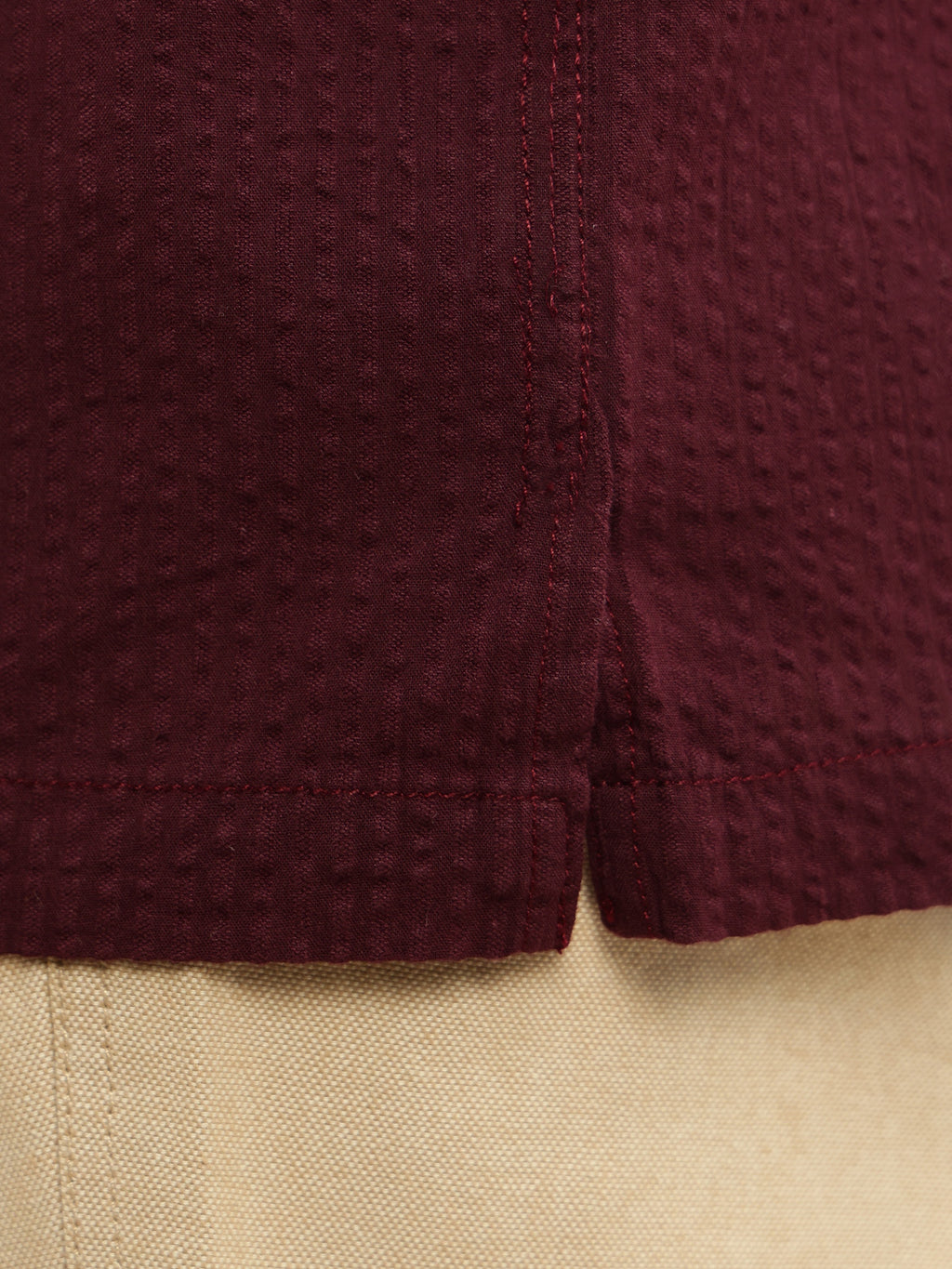 Thomas Scott Men Wine Premium Oversized Fit Short Sleeves Cuban Collar 100% Cotton Seersucker Shirt