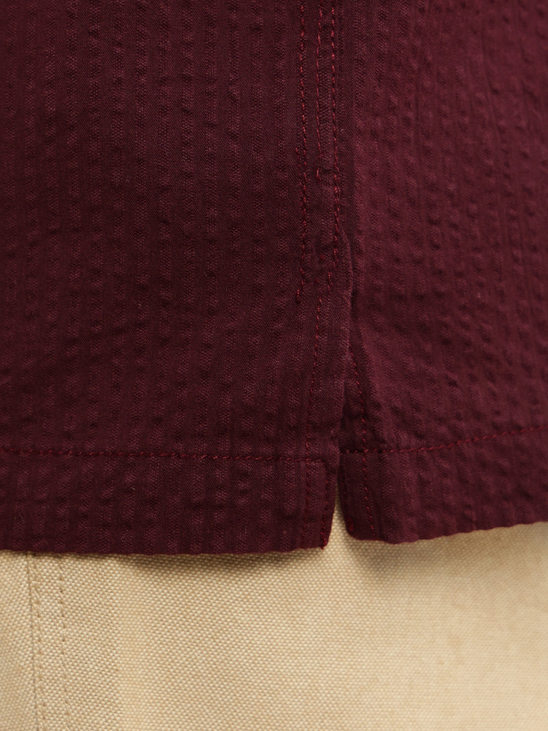 Thomas Scott Men Wine Premium Oversized Fit Short Sleeves Cuban Collar 100% Cotton Seersucker Shirt