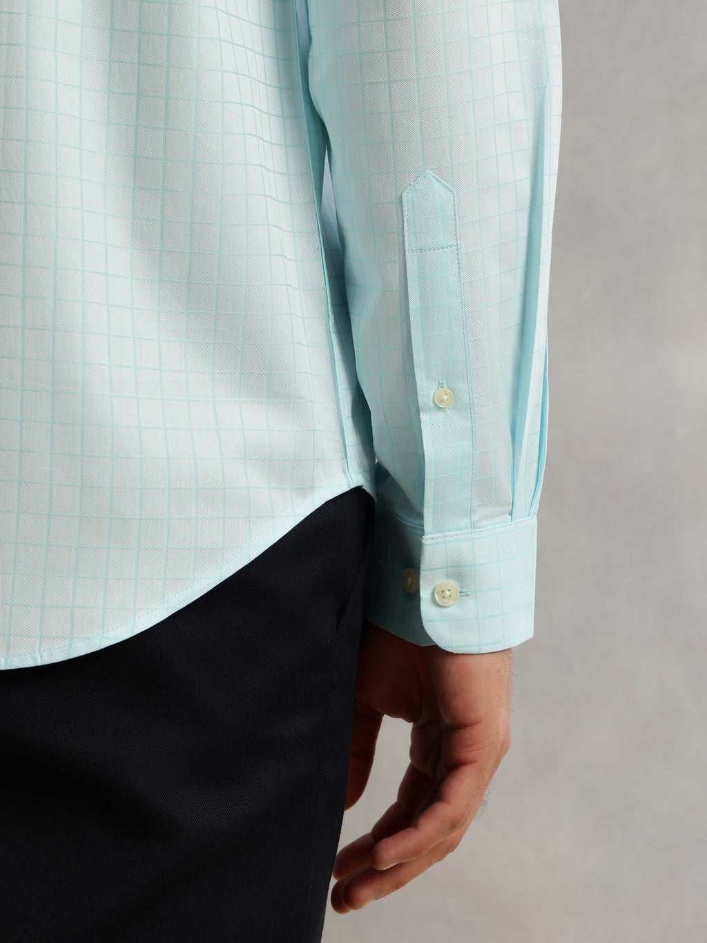 Thomas Scott Men Aqua Premium Long Sleeves Spread Collar Regular Fit Windowpane Checks 100% Cotton Formal Shirt