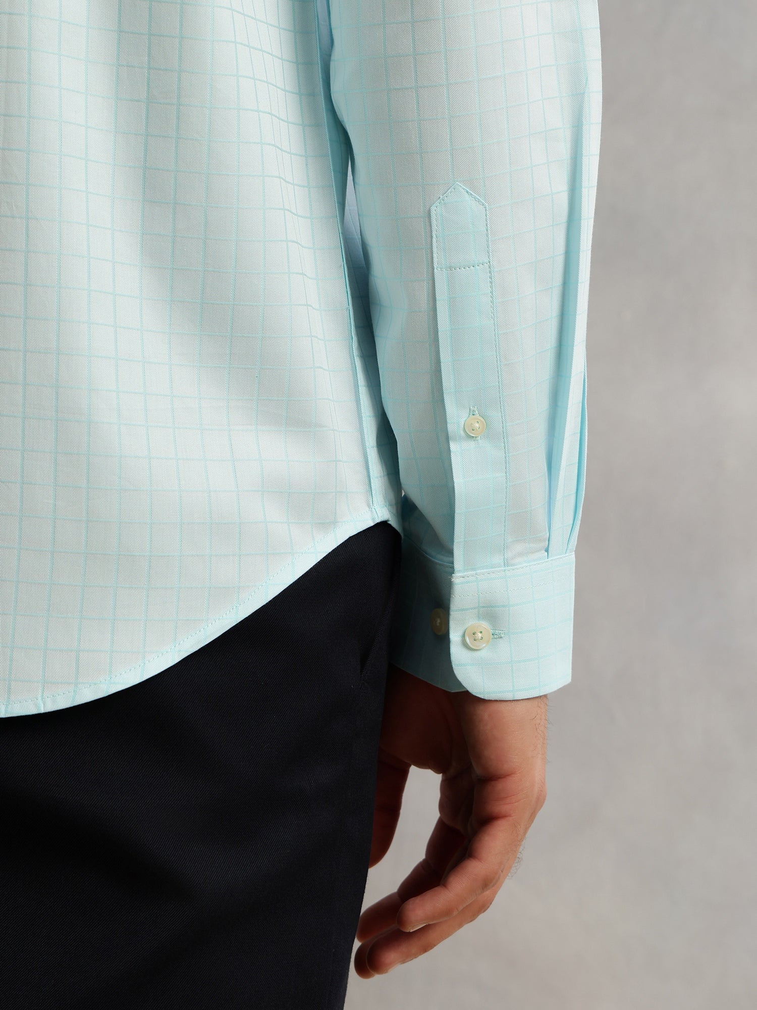 Thomas Scott Men Aqua Premium Long Sleeves Spread Collar Regular Fit Windowpane Checks 100% Cotton Formal Shirt