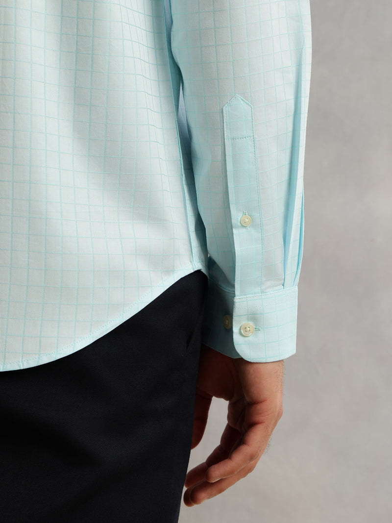 Thomas Scott Men Aqua Premium Long Sleeves Spread Collar Regular Fit Windowpane Checks 100% Cotton Formal Shirt
