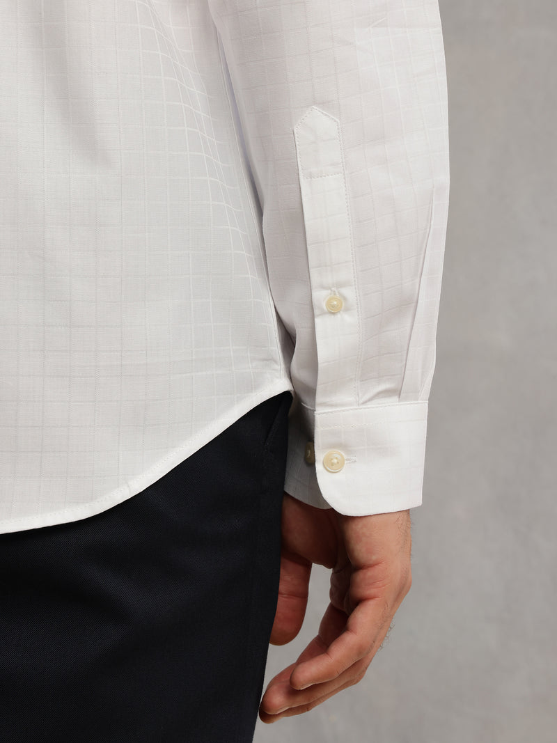 Thomas Scott Men White Premium Long Sleeves Spread Collar Regular Fit Windowpane Checks 100% Cotton Formal Shirt