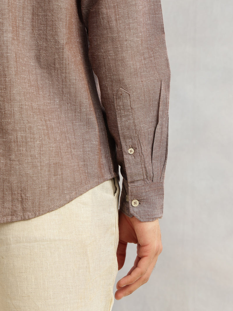 Thomas Scott Men Brown Premium Slim Fit Long Roll-Up Sleeves Spread Collar Solid Linen Casual Shirt