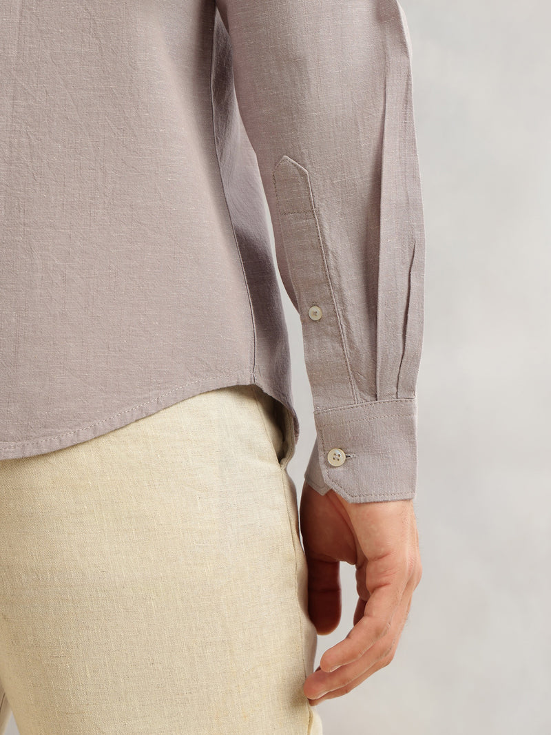 Thomas Scott Men Light Grey Premium Slim Fit Long Roll-Up Sleeves Spread Collar Solid Linen Casual Shirt