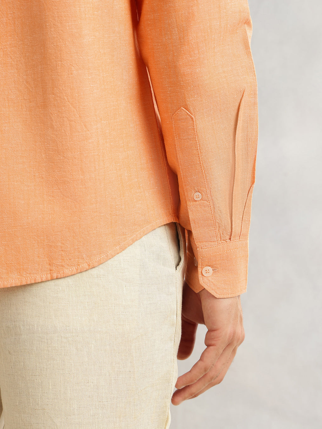 Thomas Scott Men Orange Premium Slim Fit Long Roll-Up Sleeves Spread Collar Solid Linen Casual Shirt