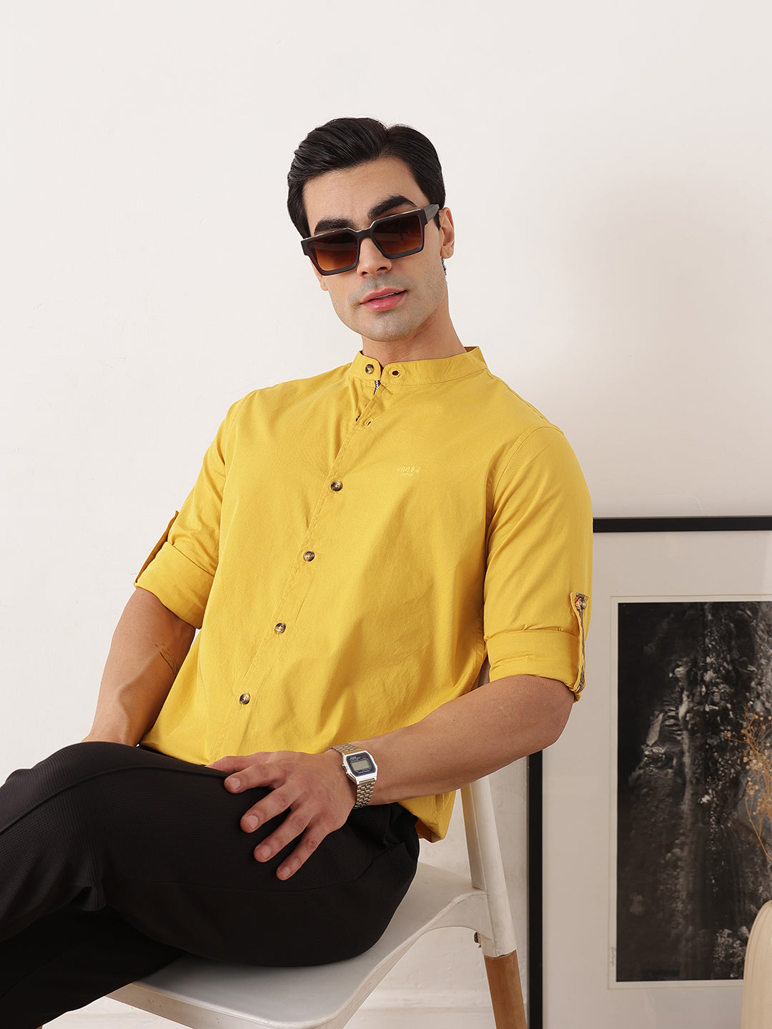 Thomas Scott Men Yellow Premium Regular Fit Long Roll-Up Sleeves Mandarin Collar Solid Cotton Casual Shirts
