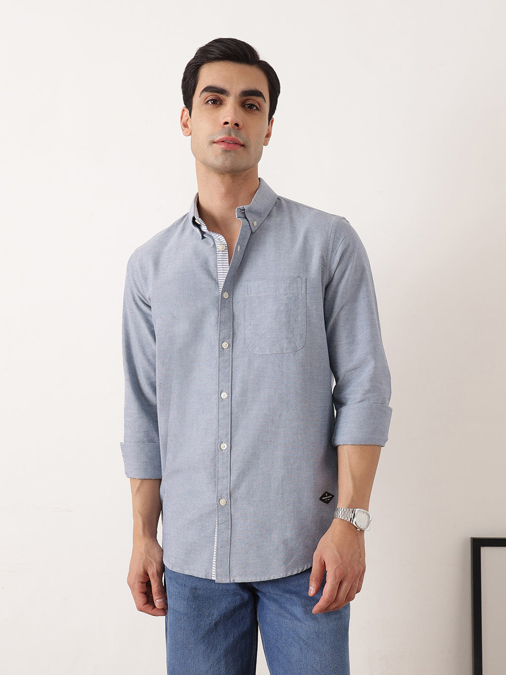 Thomas Scott Men Beige Navy Premium Slim Fit Long Sleeves Button-Down Collar Solid Cotton Oxford Casual Shirt