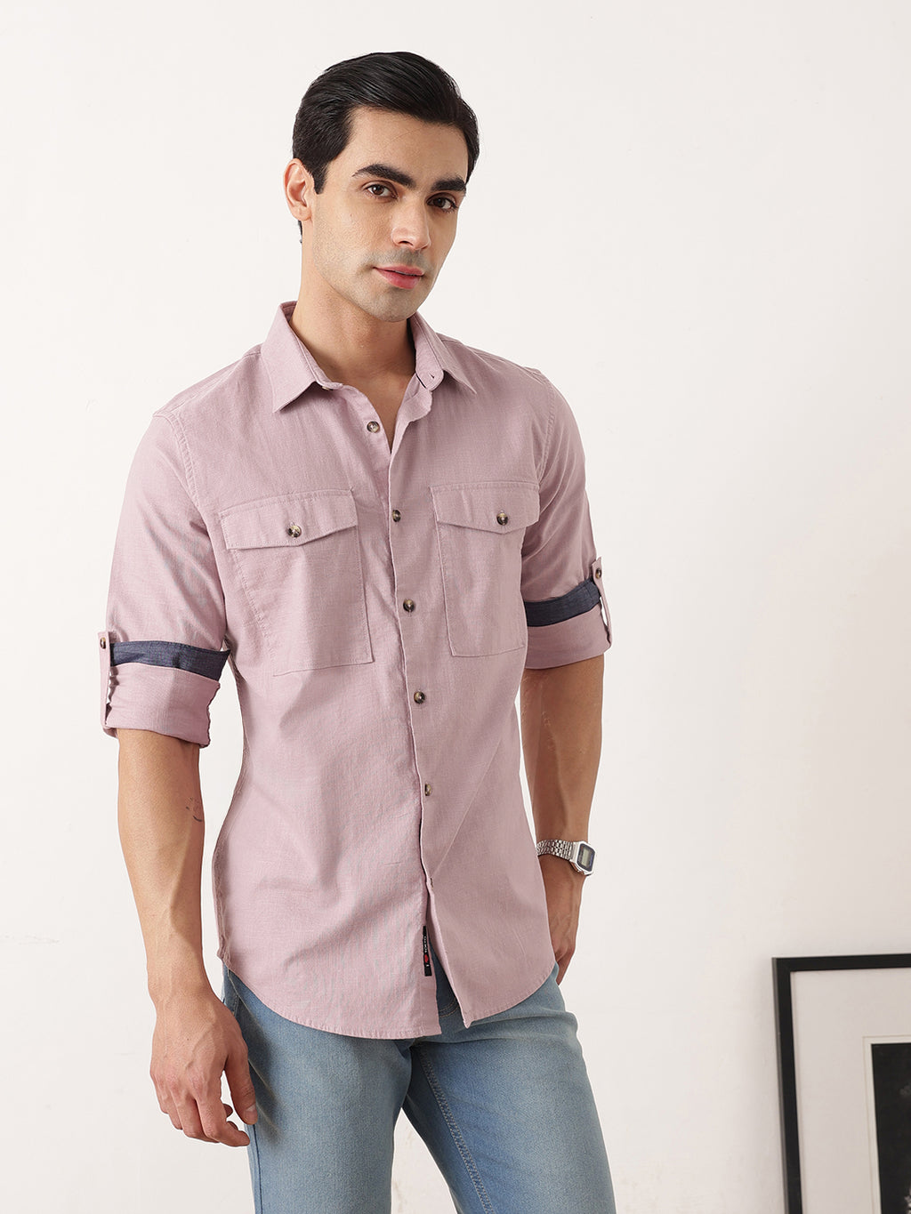 Thomas Scott Men Lilac Premium Slim Fit Long Roll-Up Sleeves Spread Collar Solid Cotton Casual Shirt with Flap Pockets