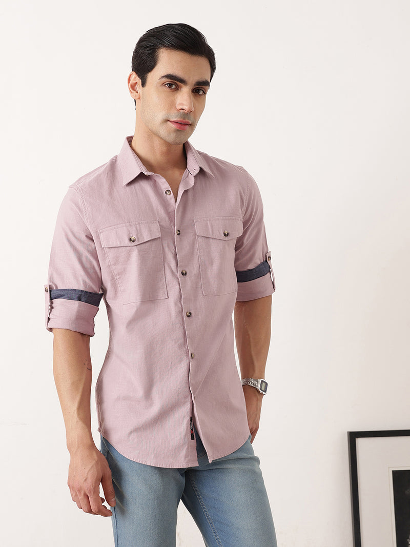 Thomas Scott Men Lilac Premium Slim Fit Long Roll-Up Sleeves Spread Collar Solid Cotton Casual Shirt with Flap Pockets