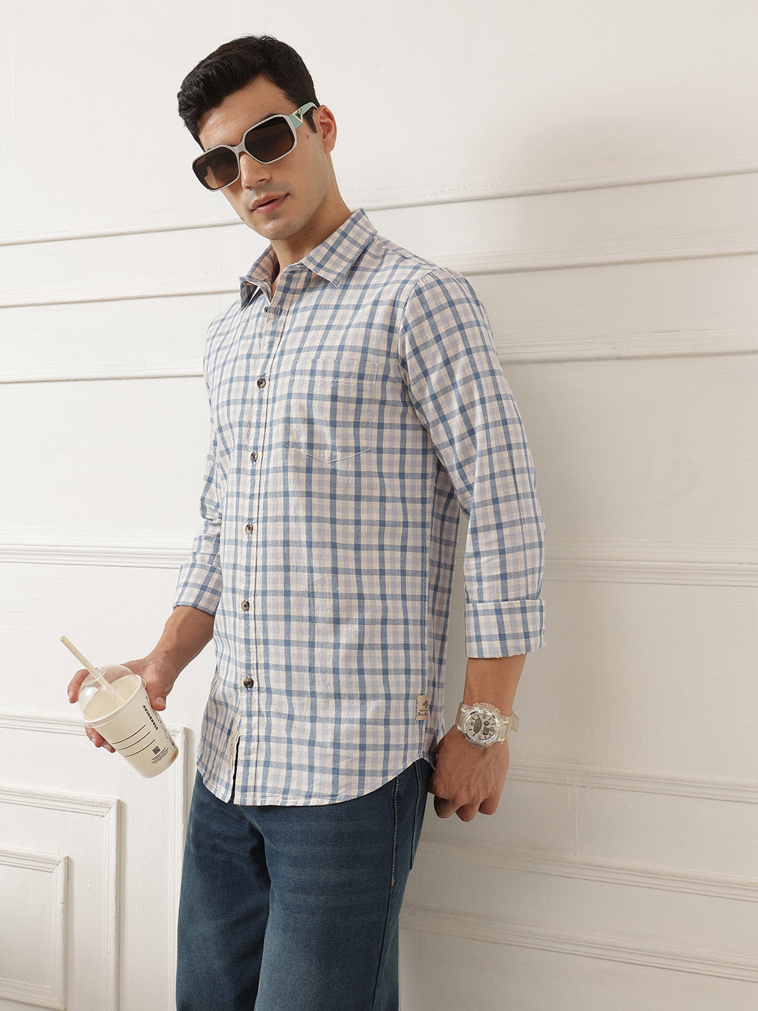 Mid Blue Premium Slim Fit Graphic Checked Cotton Linen Casual Shirt For Men