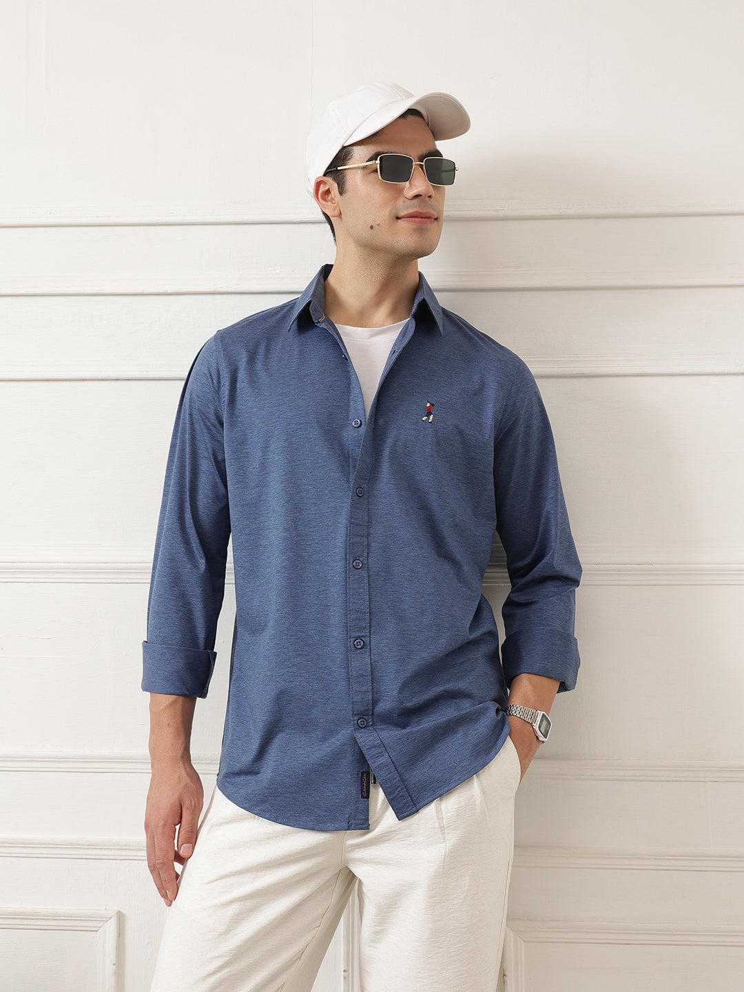 Blue Premium Regular Fit Spread Collar Full Sleeve Solid Cotton Casual Shirt For Men