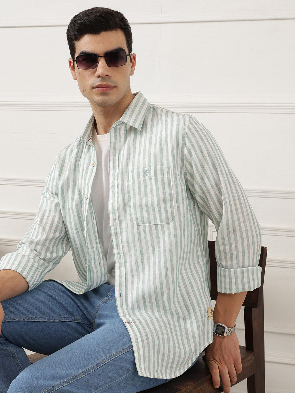 Green Premium Regular Fit Long Sleeves Vertical Striped Cotton Linen Casual Shirt For Men