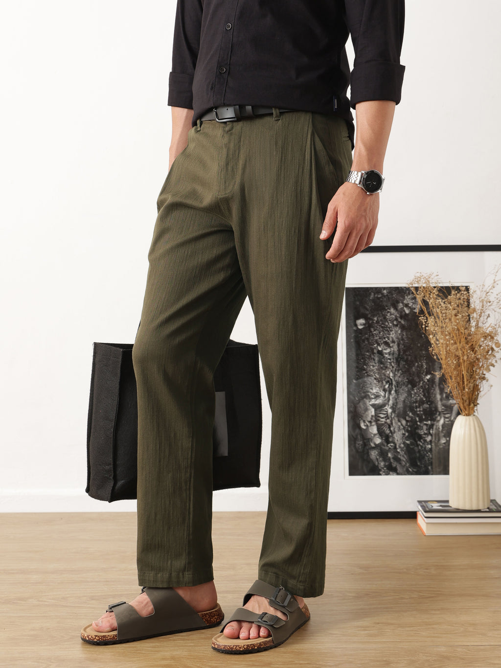 Thomas Scott Men Dark Olive Smart Solid Regular Fit Woven Linen Pleated Trousers