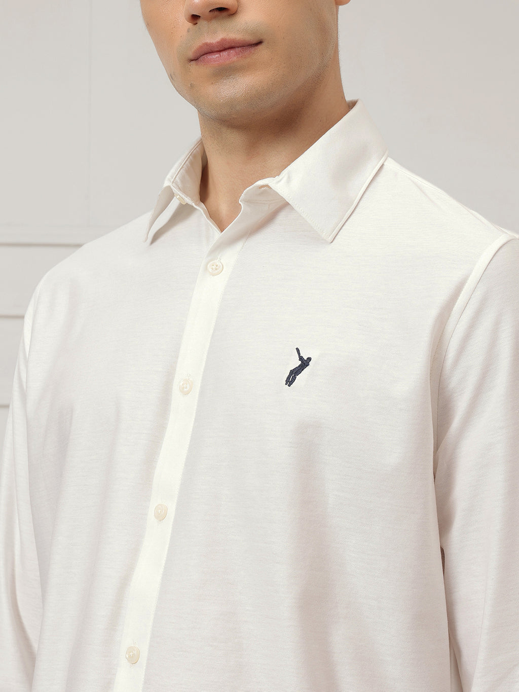 Off White Premium Regular Fit Long Sleeves Spread Collar Solid Knitted Casual Shirt For Men