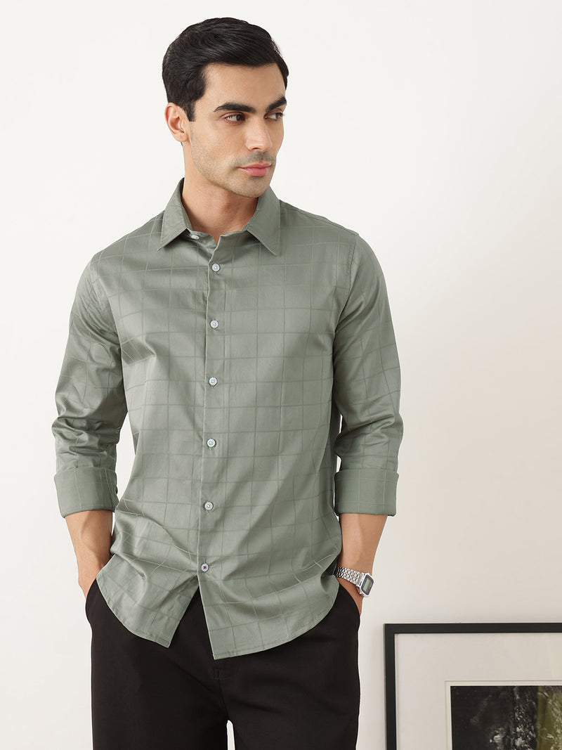 Thomas Scott Men Premium Sage Green Regular Fit Long Sleeves Spread Collar Windowpane Checks Cotton Lycra Casual Shirt