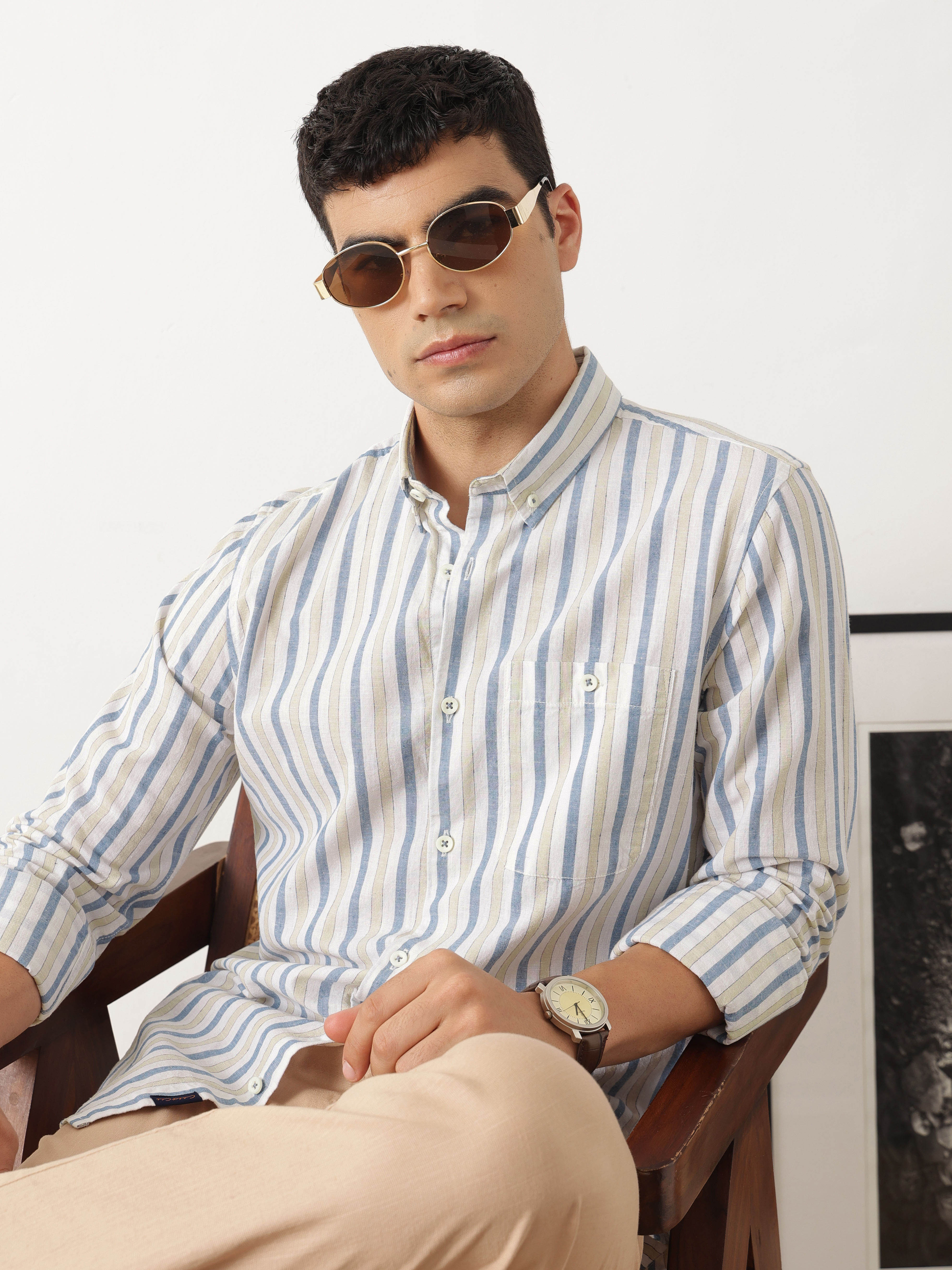 Thomas Scott Men Premium Blue Slim Fit Long Sleeves Vertical Striped Cotton Linen Casual Shirt with Button Down Collar
