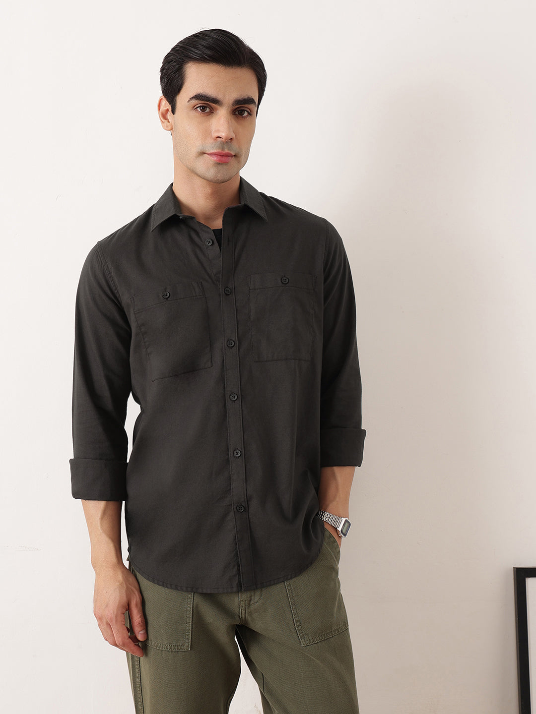 Thomas Scott Men Dark Grey Premium Regular Fit Long Sleeves Spread Collar Solid Cotton Casual Shirt with 2 Patch Pockets