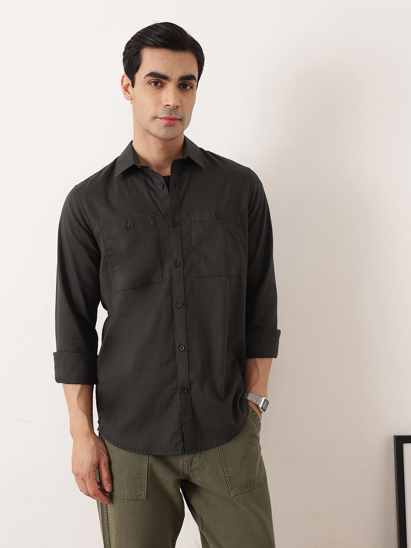 Thomas Scott Men Dark Grey Premium Regular Fit Long Sleeves Spread Collar Solid Cotton Casual Shirt with 2 Patch Pockets