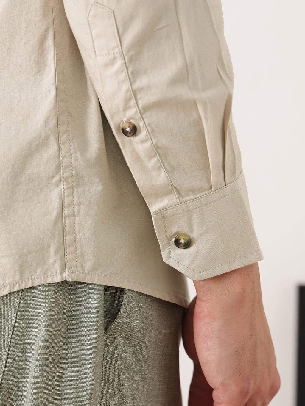 Thomas Scott Men Beige Premium Regular Fit Long Roll-Up Sleeves Mandarin Collar Solid Cotton Casual Shirts