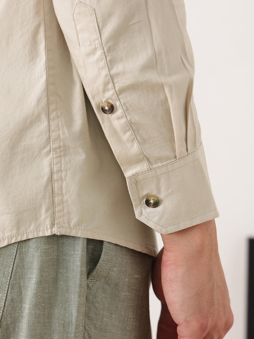 Thomas Scott Men Beige Premium Regular Fit Long Roll-Up Sleeves Mandarin Collar Solid Cotton Casual Shirts