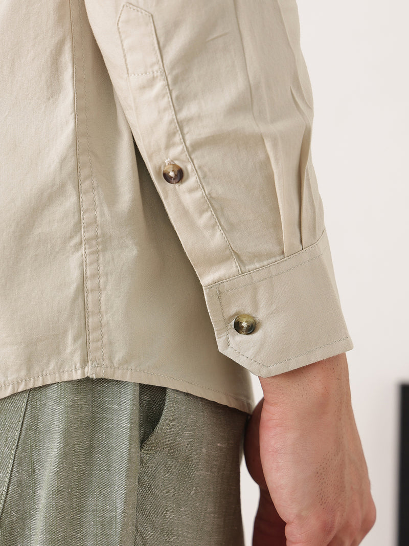 Thomas Scott Men Beige Premium Regular Fit Long Roll-Up Sleeves Mandarin Collar Solid Cotton Casual Shirts