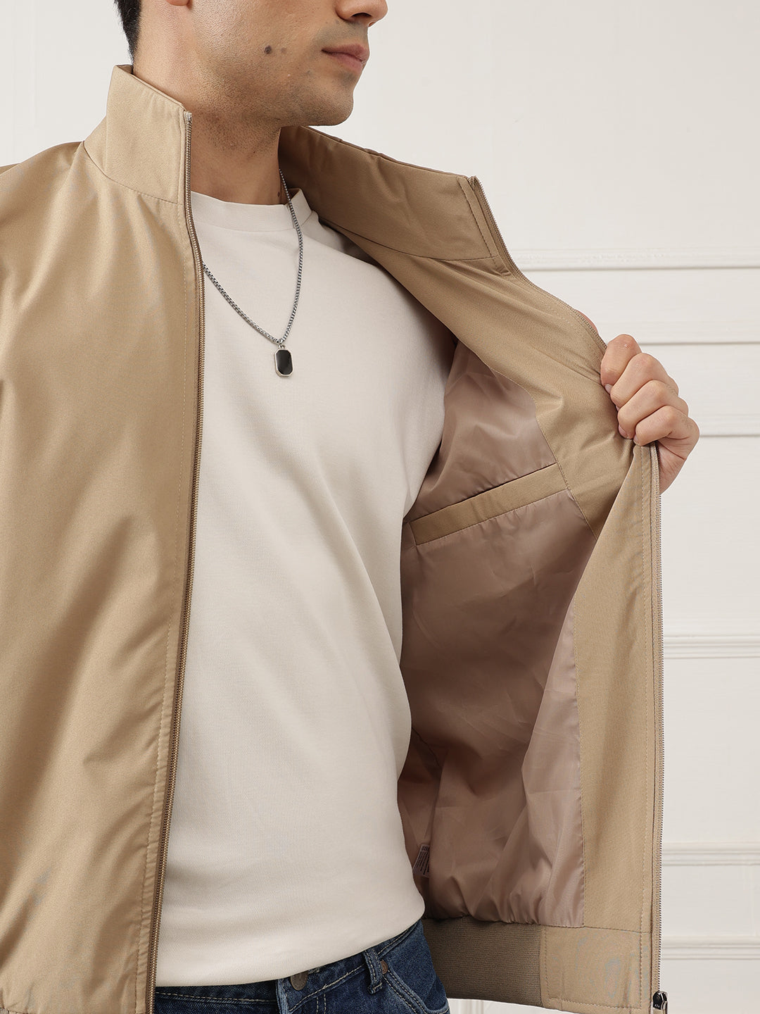Beige Regular Fit Solid Full Sleeves Stand Collar Zip-Front Casual Bomber Jacket For Men