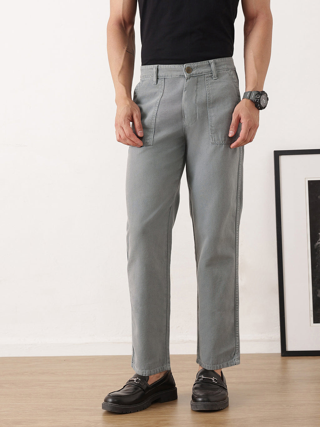 Thomas Scott Men Grey Smart Straight Fit Mid-Rise Solid Flat-Front Woven Trousers